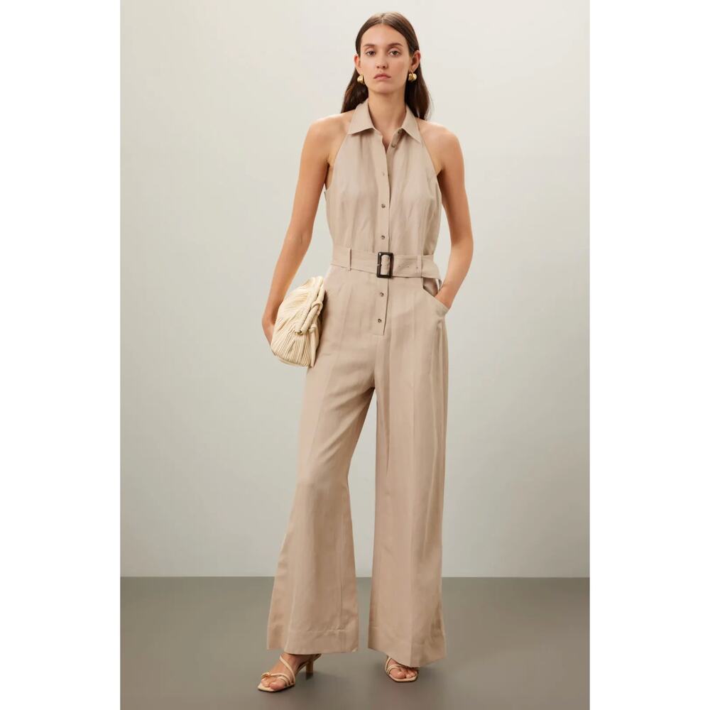 Club Monaco Beige Halter Belted Wide-Leg Jumpsuit